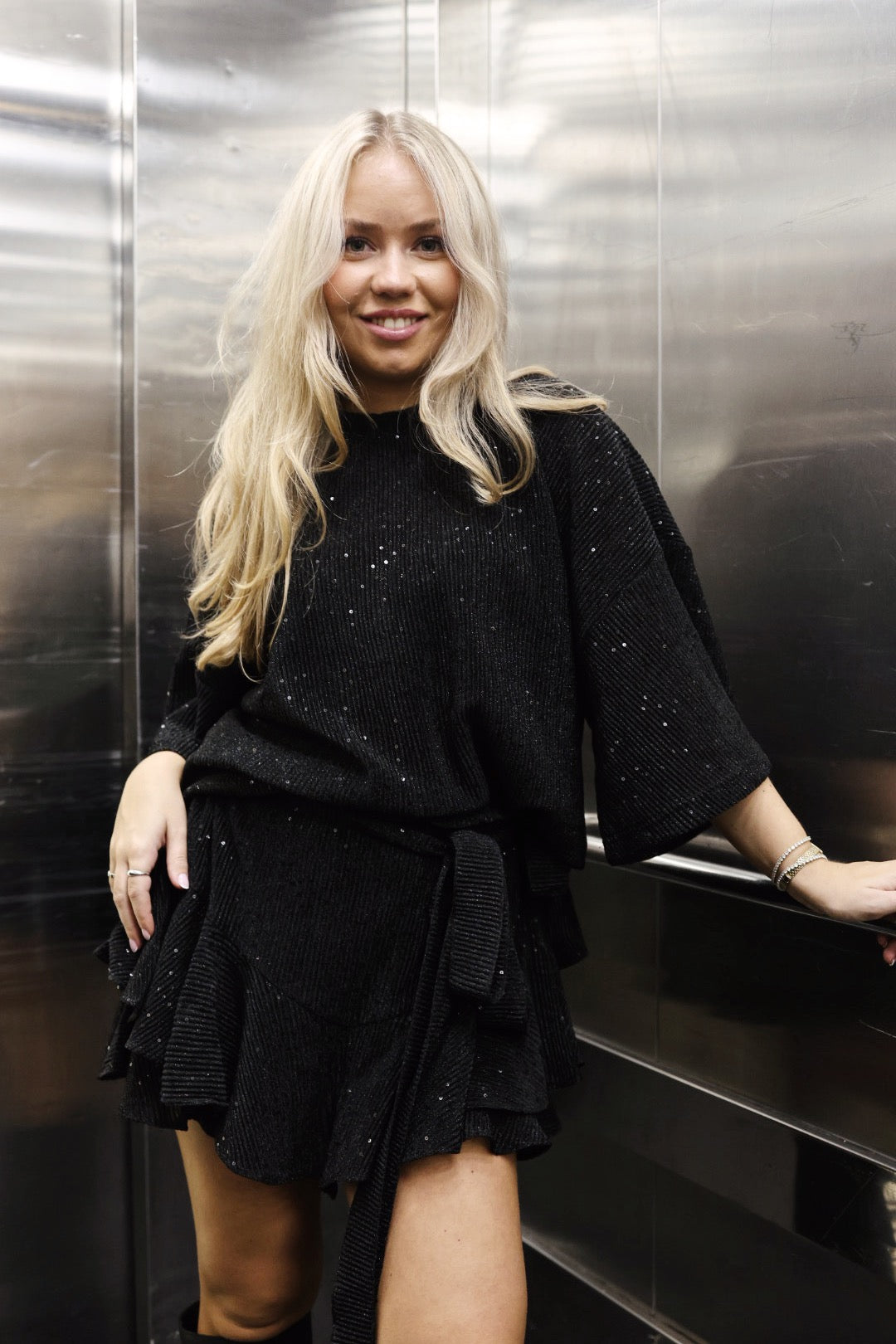 Boxy Skirt Short - Black Sequin