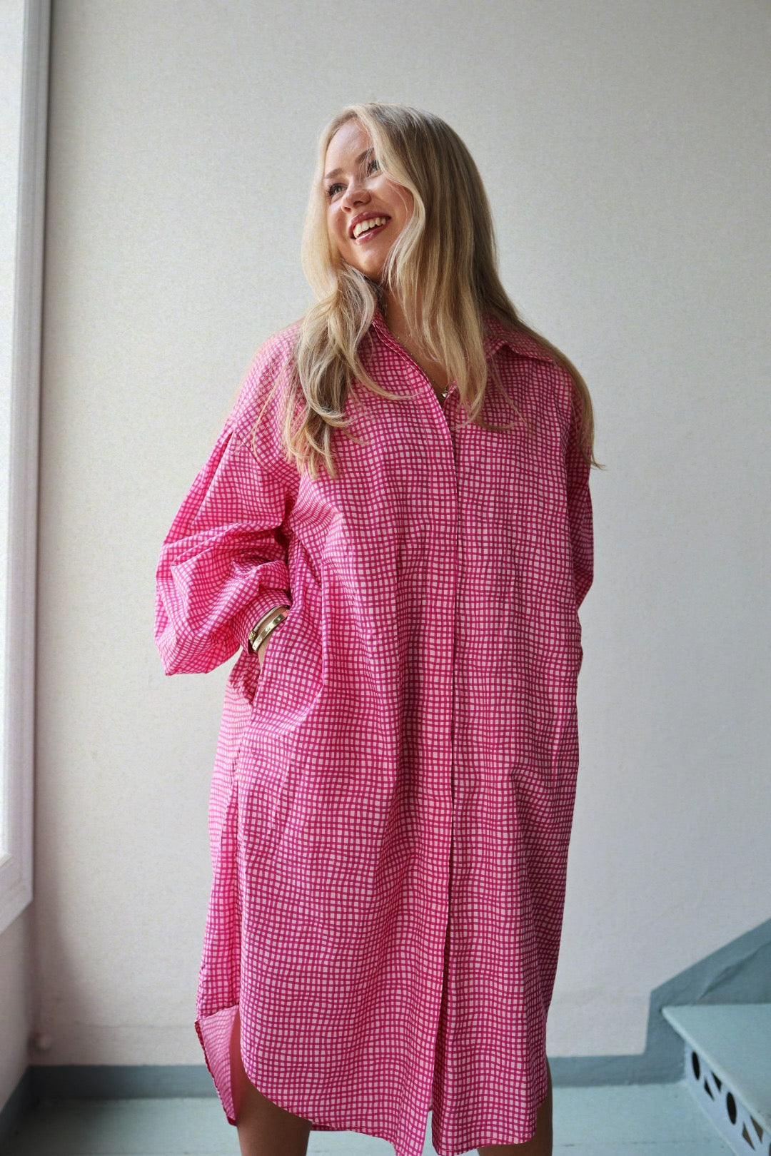 Boxy Shirt Dress - Hot Pink Check
