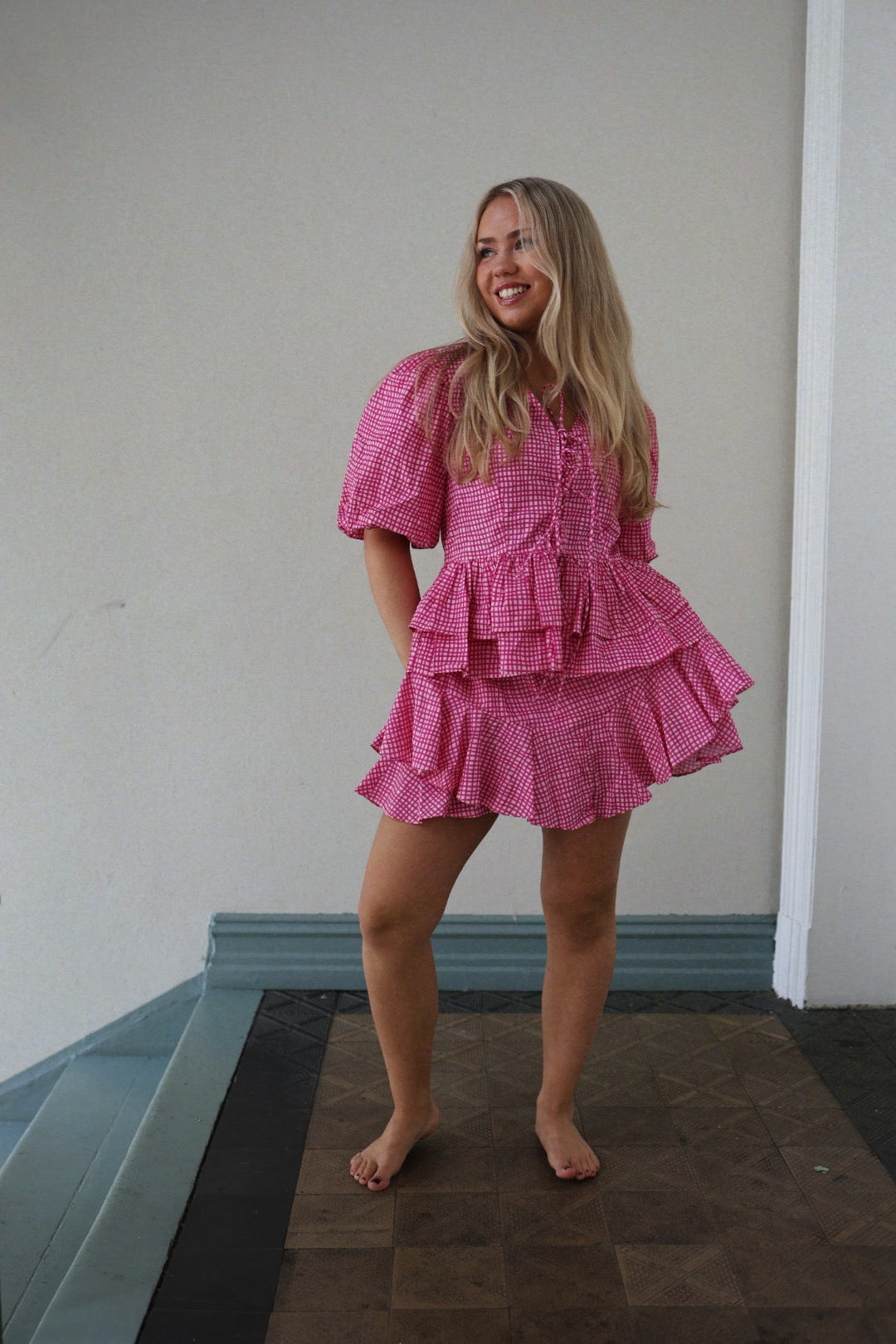 Boxy Bow Top - Hot Pink Check