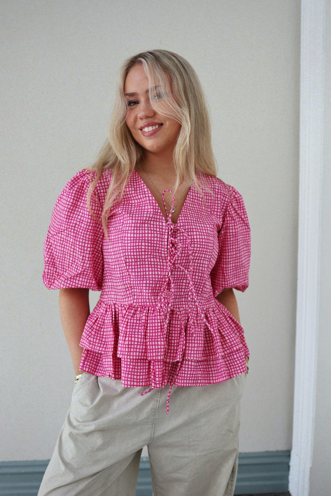 Boxy Bow Top - Hot Pink Check