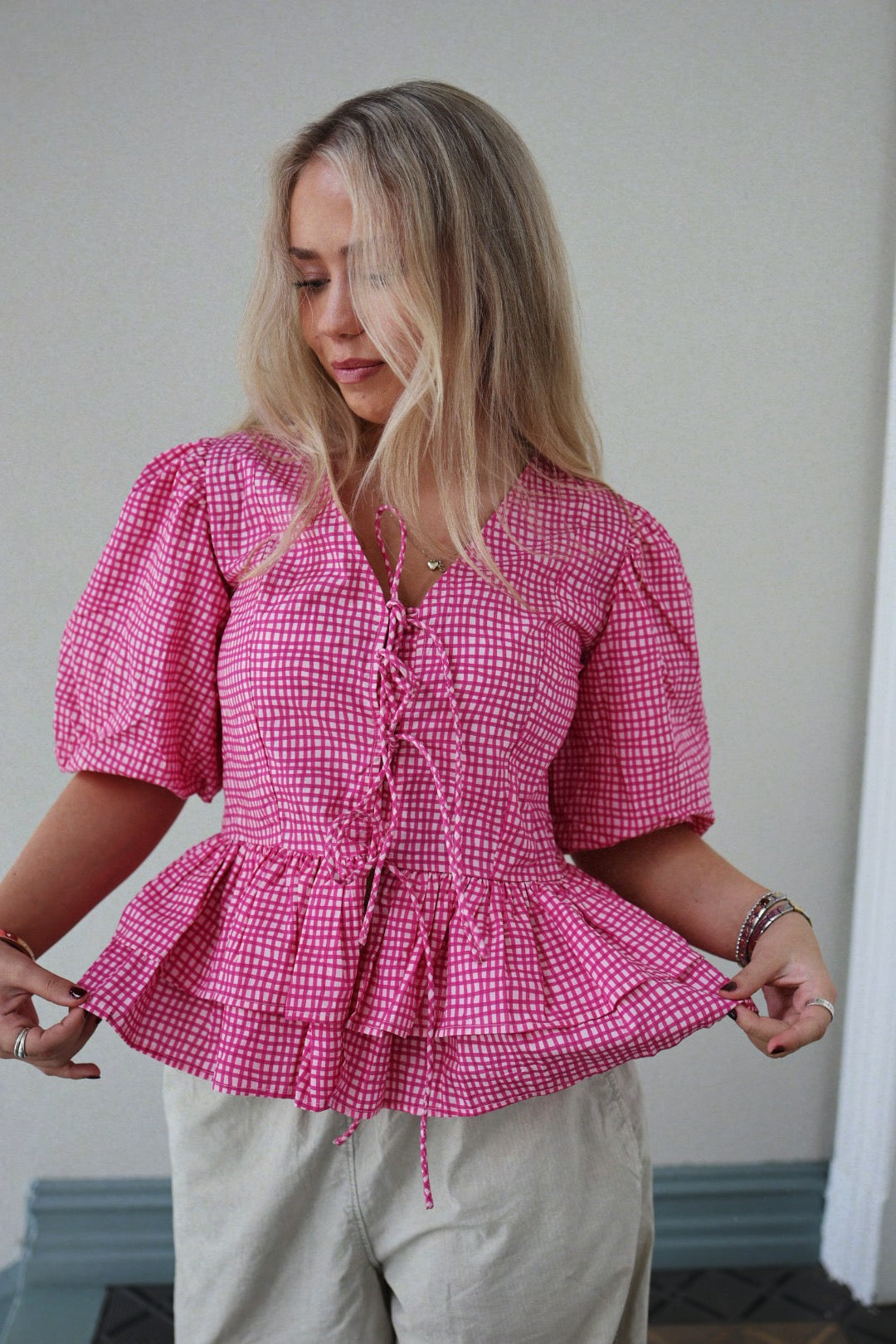 Boxy Bow Top - Hot Pink Check