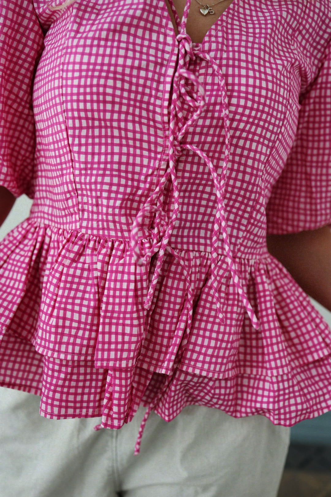 Boxy Bow Top - Hot Pink Check