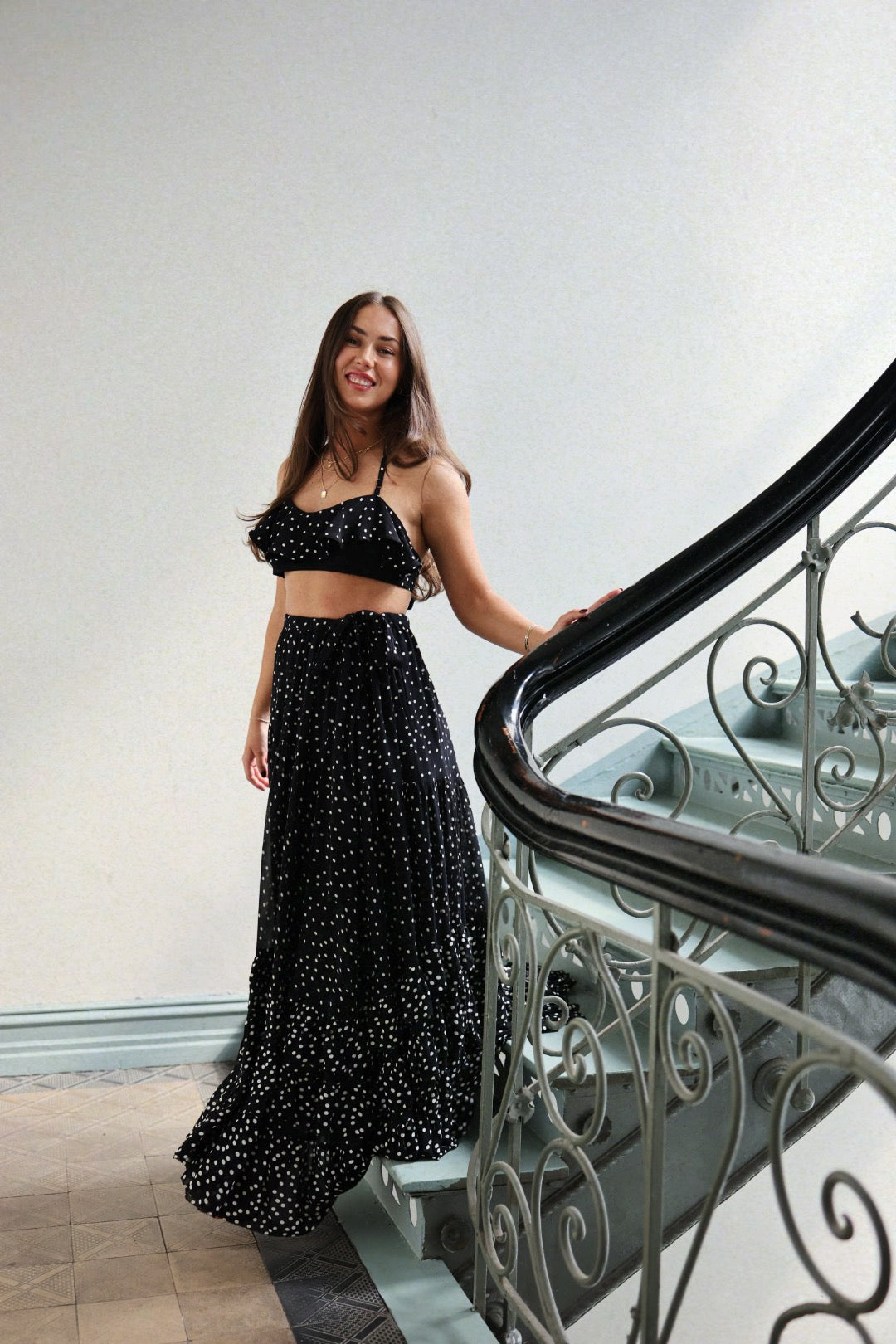 Maxi Frill Skirt - Black Dot
