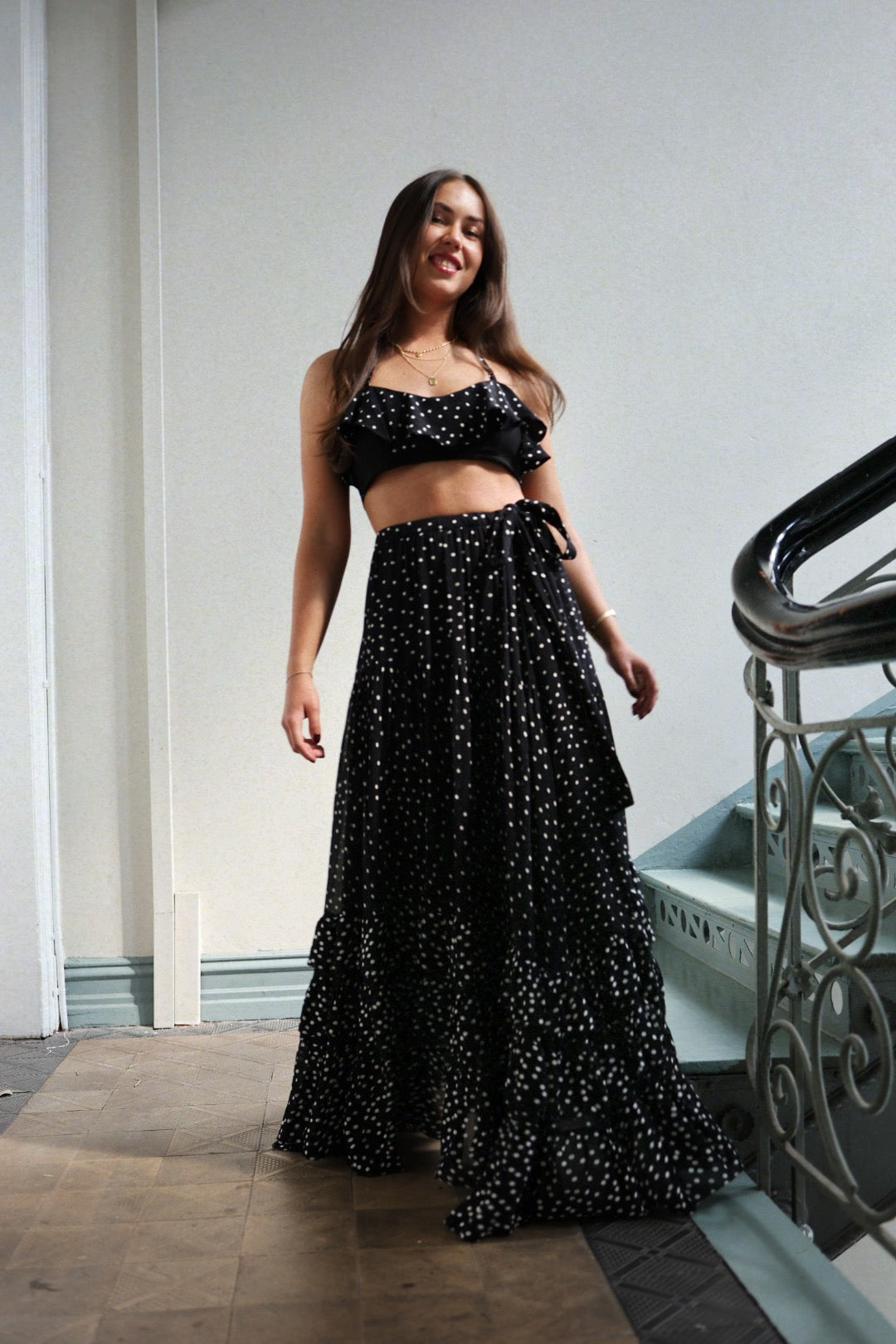 Maxi Frill Skirt - Black Dot