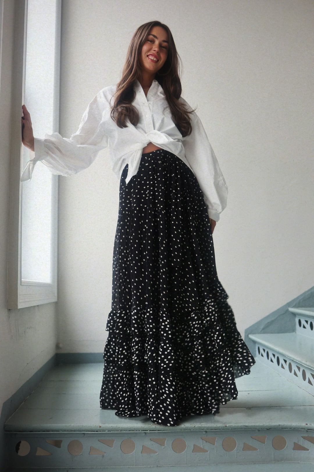 Maxi Frill Skirt - Black Dot