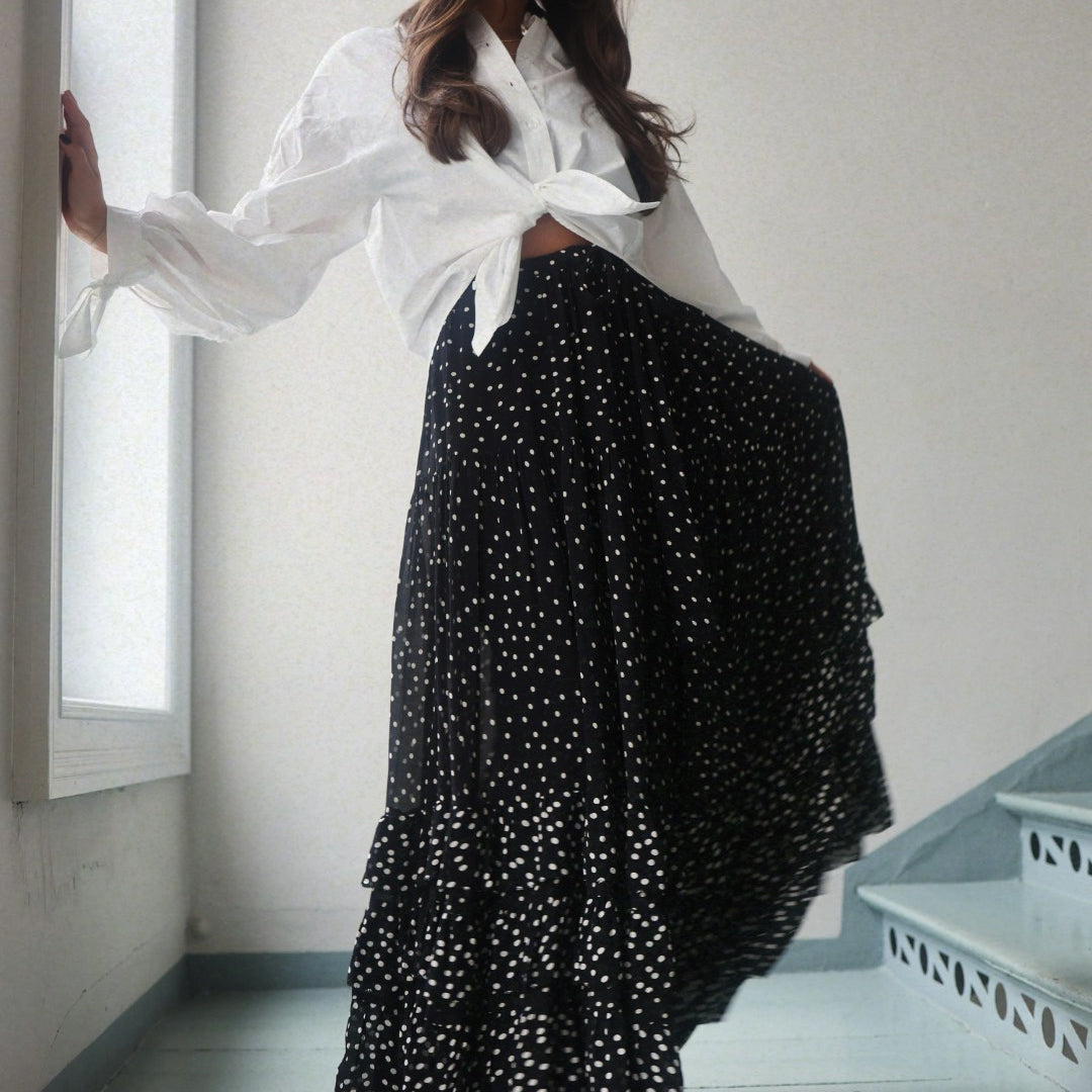 Maxi Frill Skirt - Black Dot