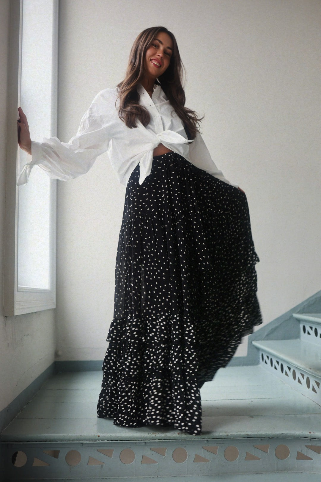 Maxi Frill Skirt - Black Dot
