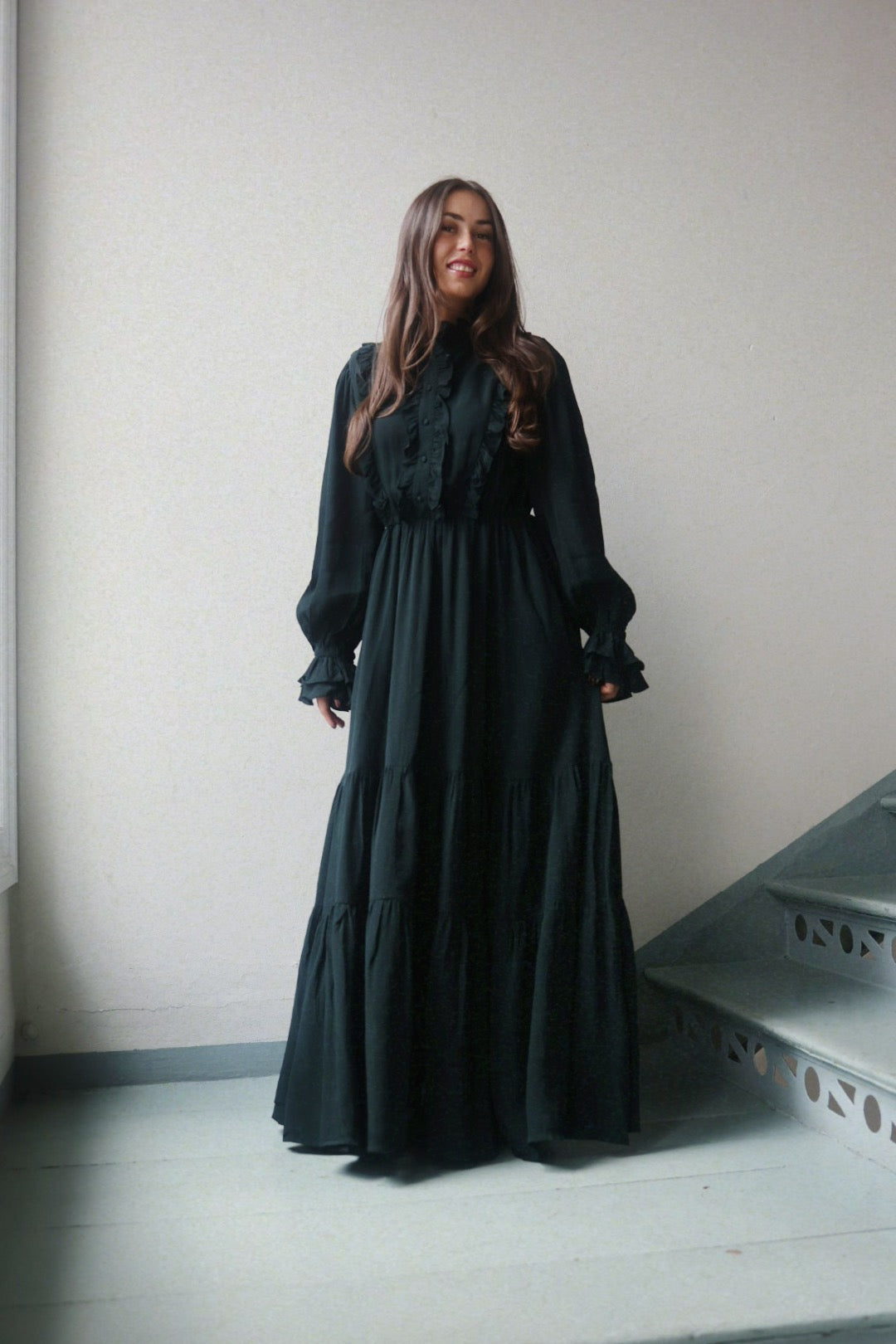 Long Frill Dress - Dark Green