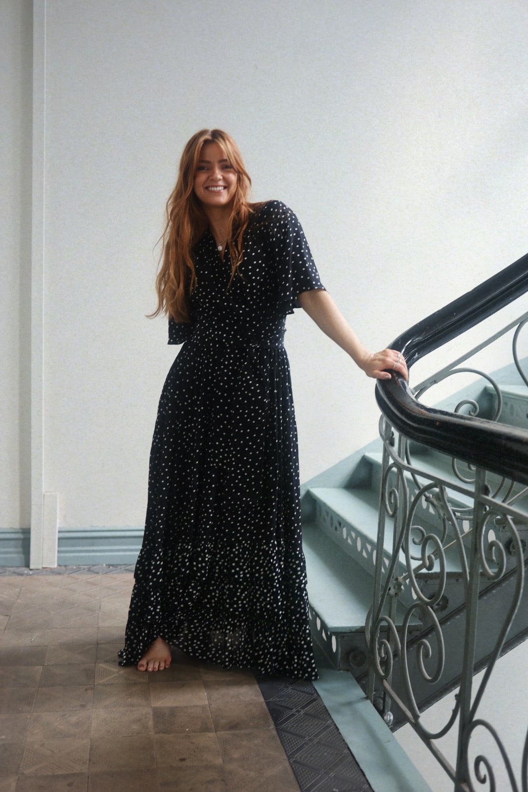 Long Frill Dress - Black Dot
